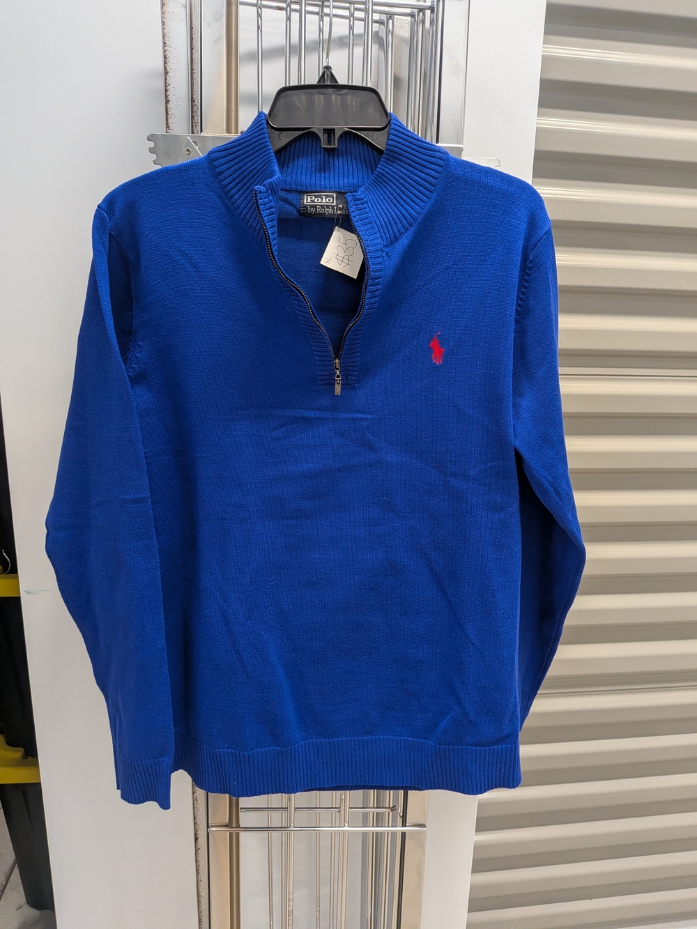 Polo by Ralph Lauren Men’s Bright Blue Quarter-Zip Sweater with Red Pony